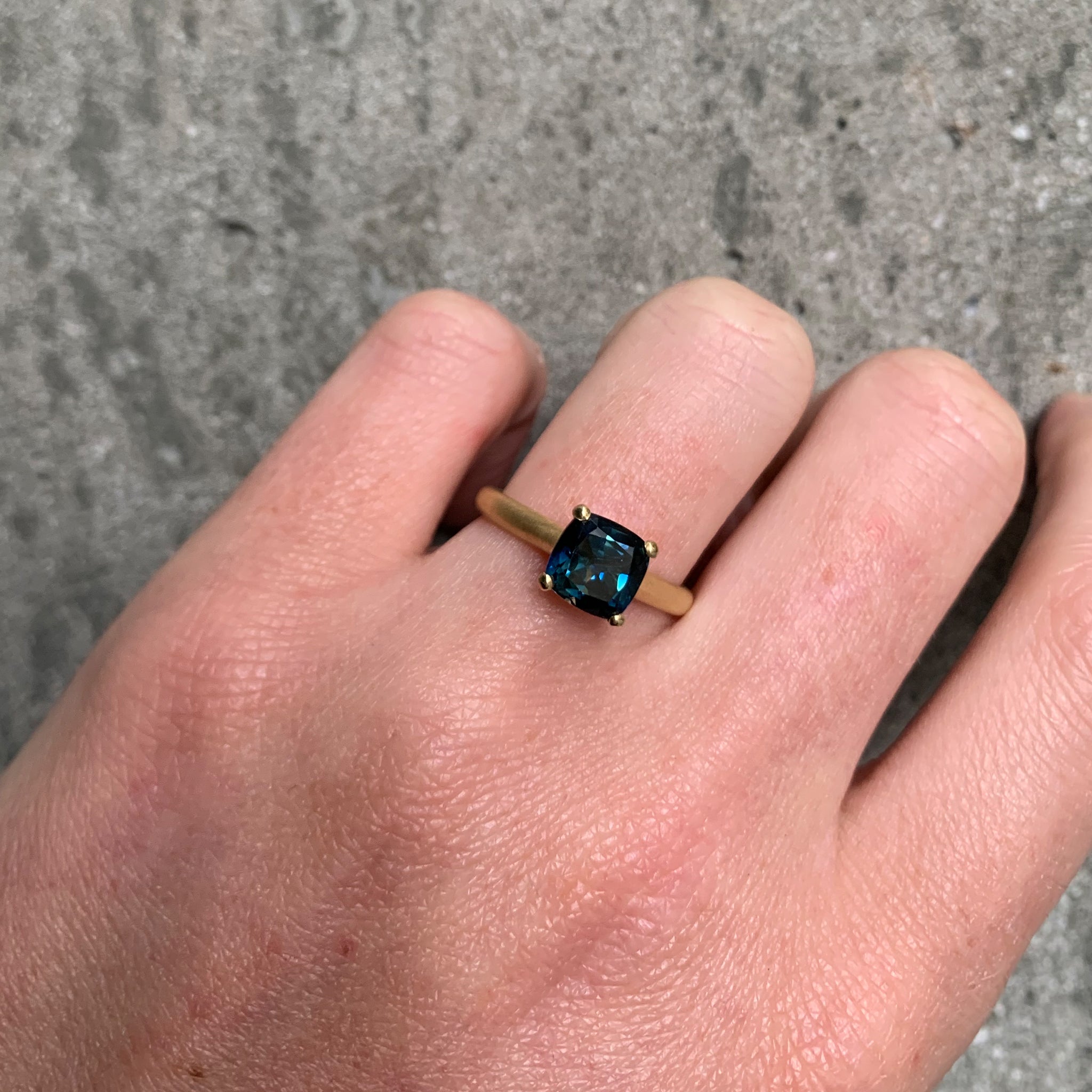 Harvest Cushion Parti teal blue Sapphire Ring