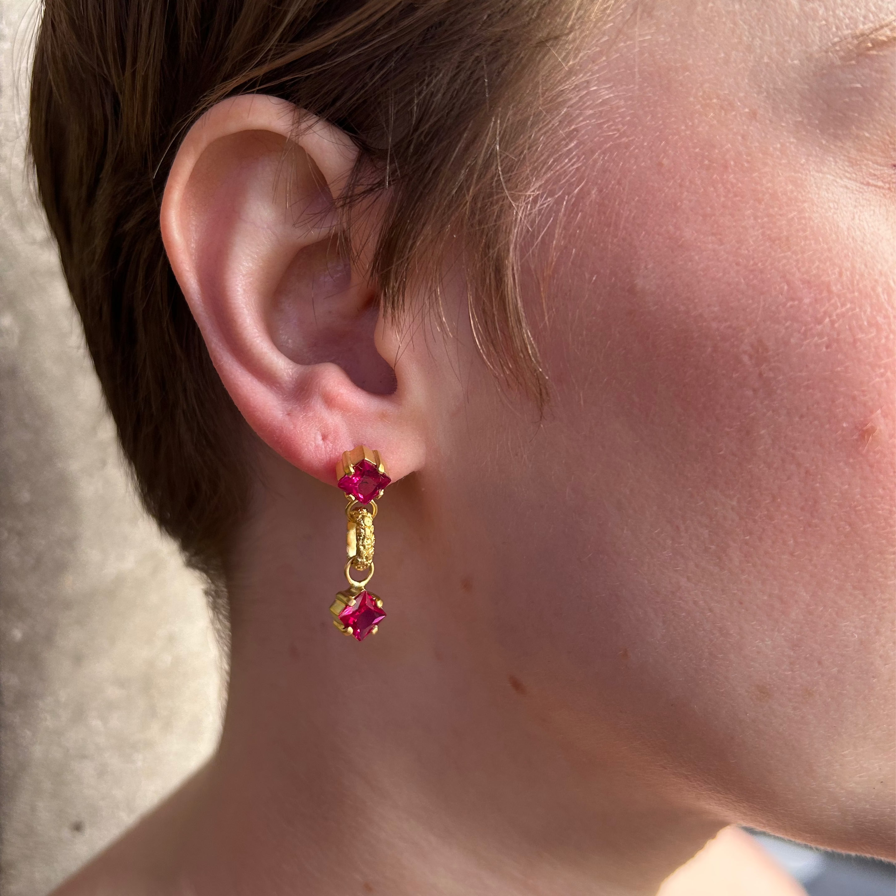 Skin Link Double Red Stone Drop Earrings
