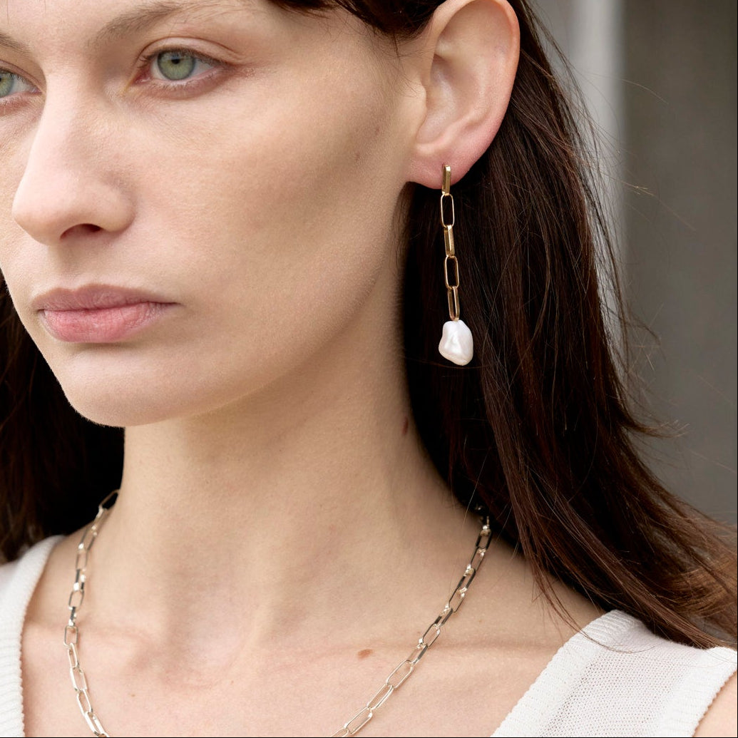 Gold Baroque Pearl Drop Long Link Earrings