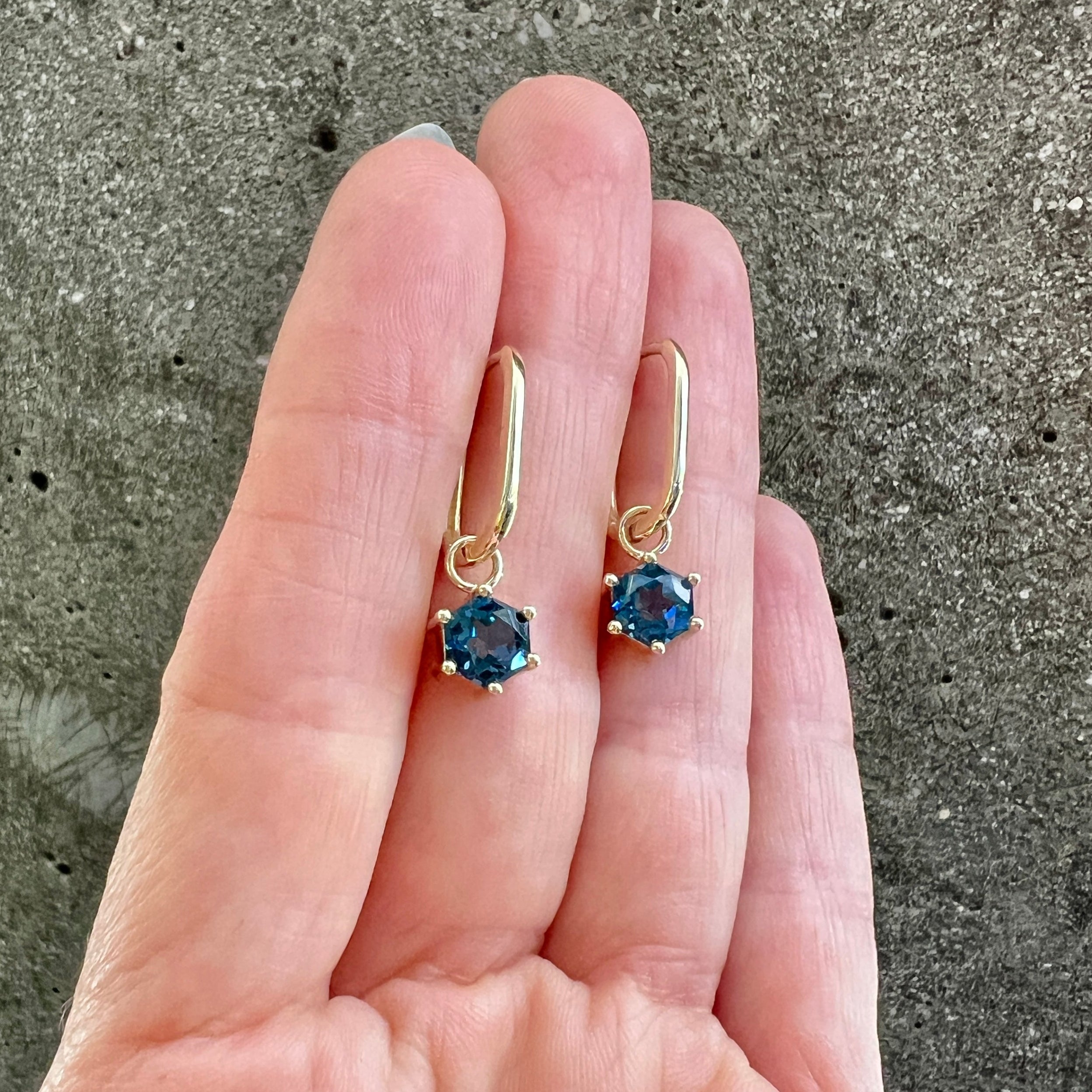 Hexagonal London Blue Topaz Amulet Earrings