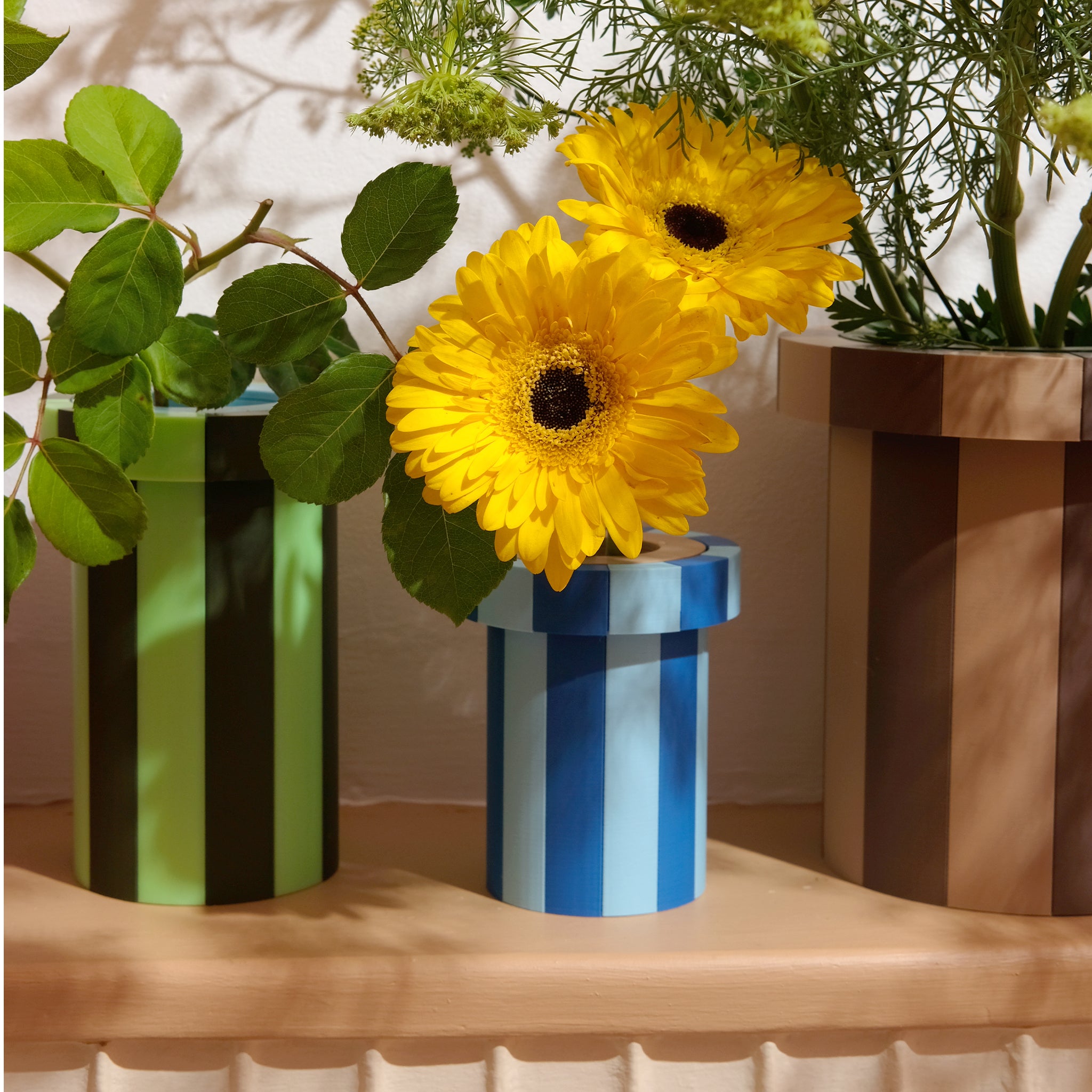 Stripe Vase Medium - Olive, Glow in the Dark and Light Blue