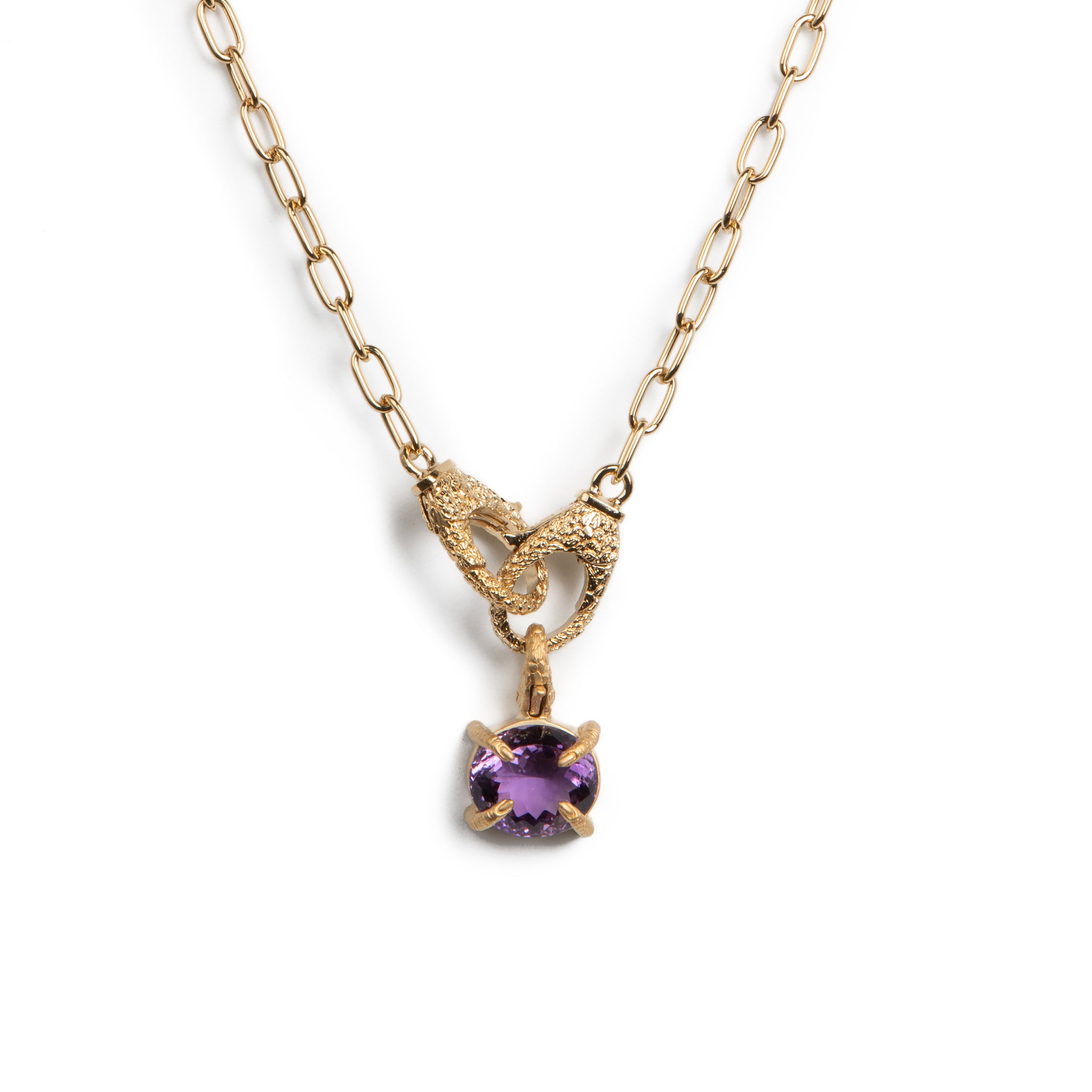 Double Lobster Clasp Chain with Amethyst and Gibbon Detail Pendant