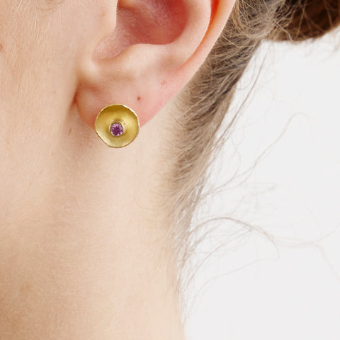 Hammered Gold Studs with Pink Sapphire Earrings