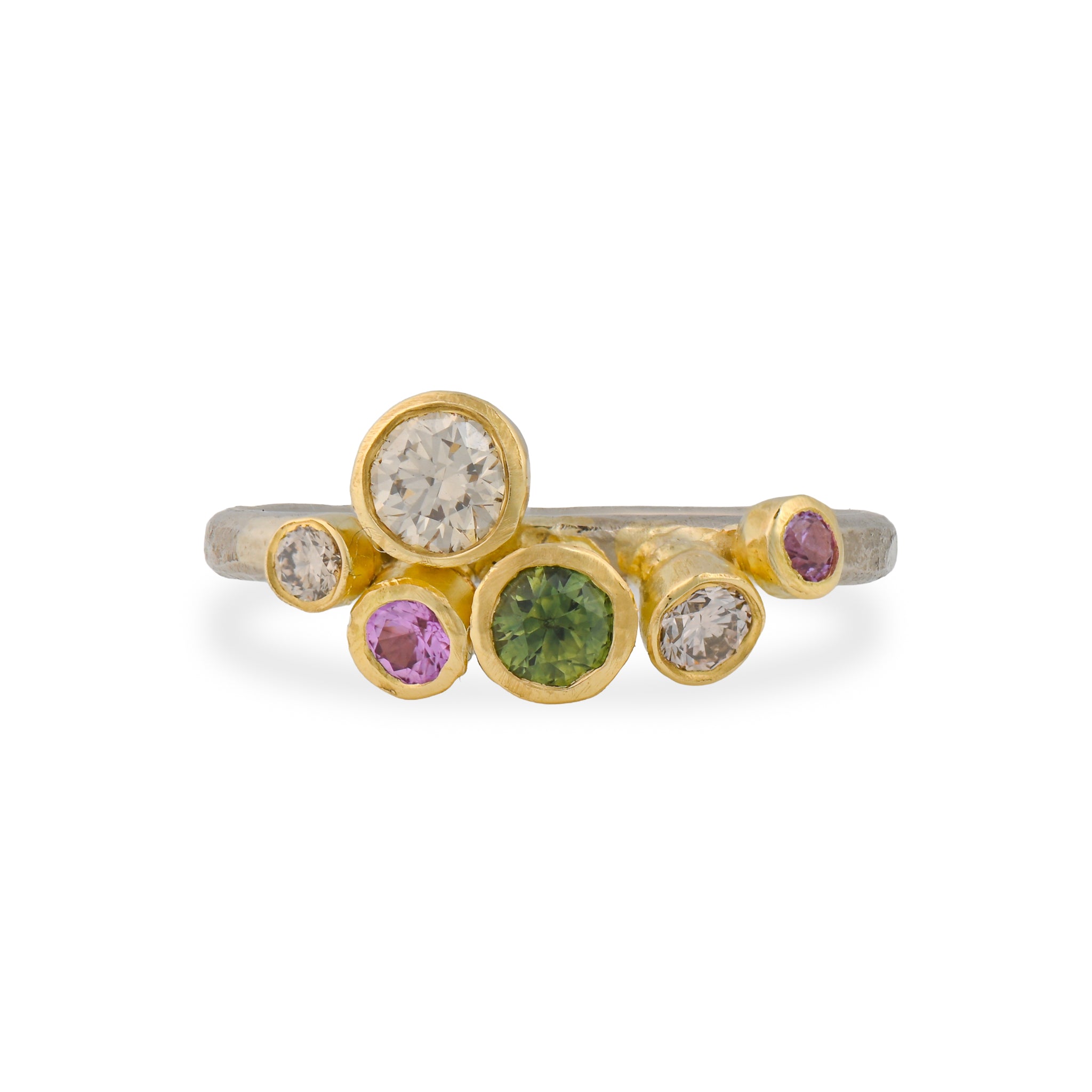 Teal, Green and Pink Sapphire Cluster with Champagne Diamonds Ring