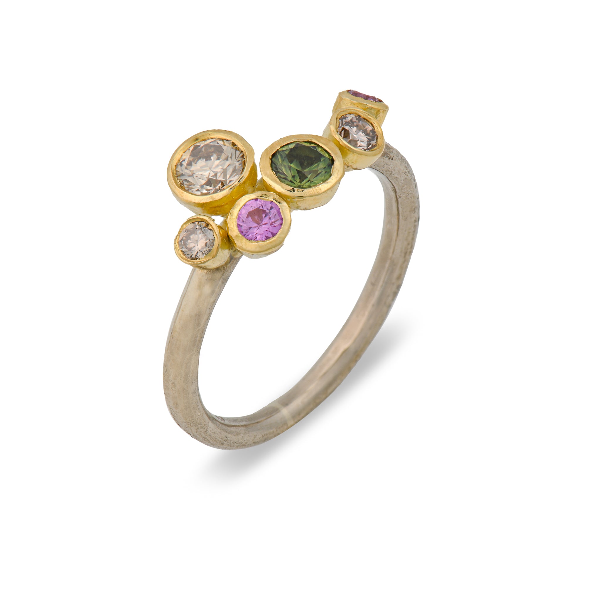 Teal, Green and Pink Sapphire Cluster with Champagne Diamonds Ring