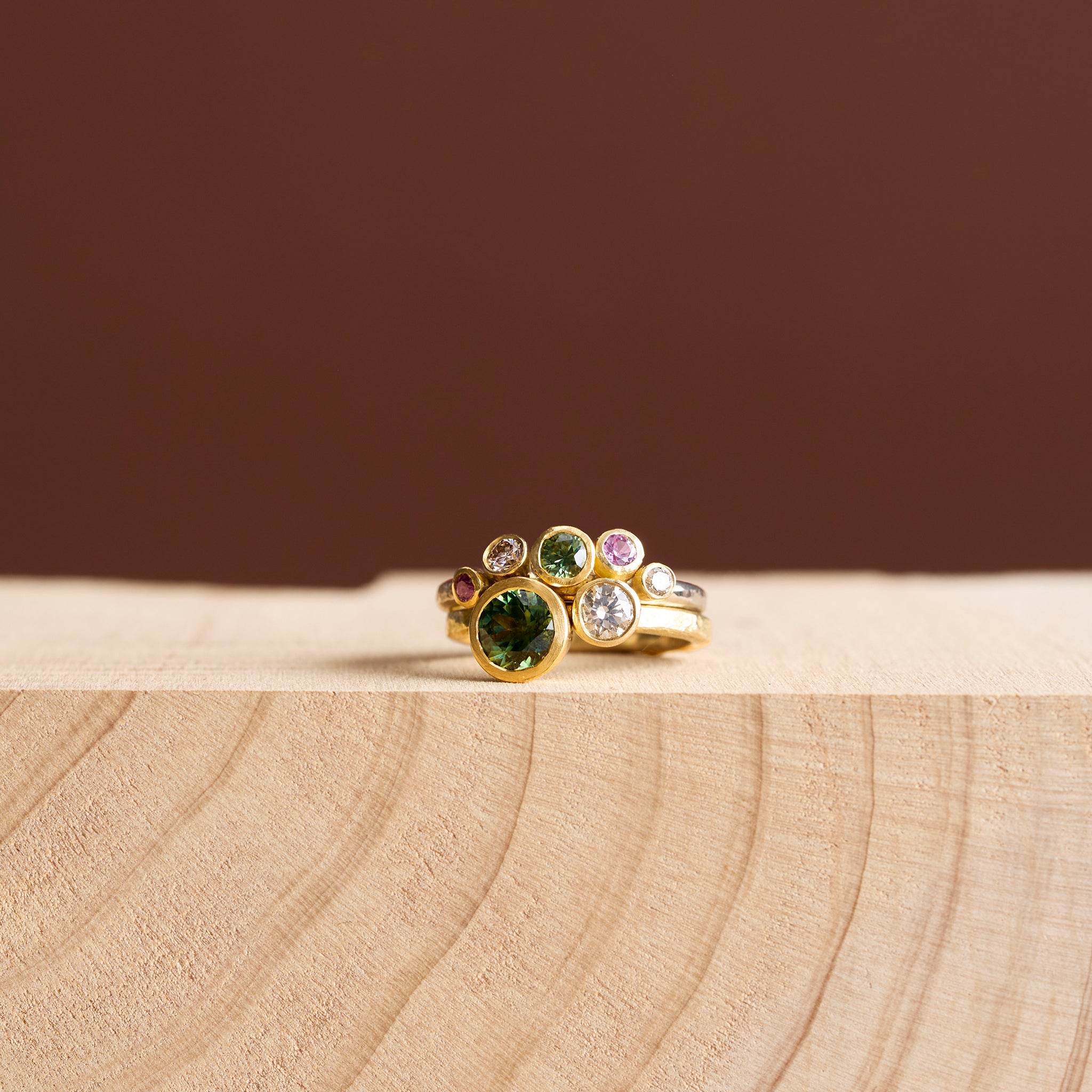 Teal, Green and Pink Sapphire Cluster with Champagne Diamonds Ring