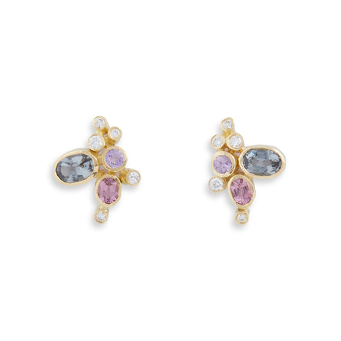 Grey and Pink Spinel Cluster Studs with Diamonds Earrings by Shimara Carlow