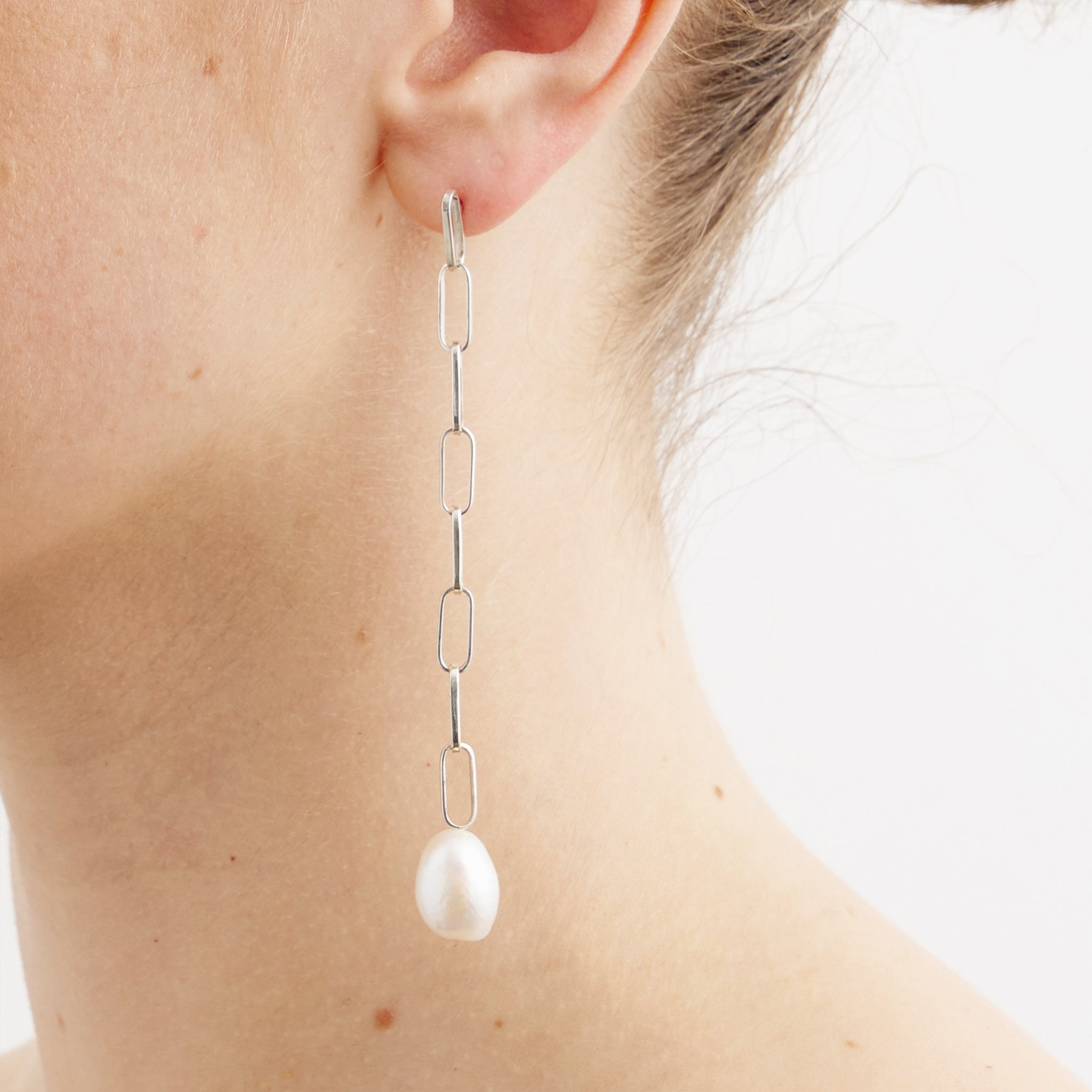 Silver Baroque Pearl Drop Extra Long Link Earrings