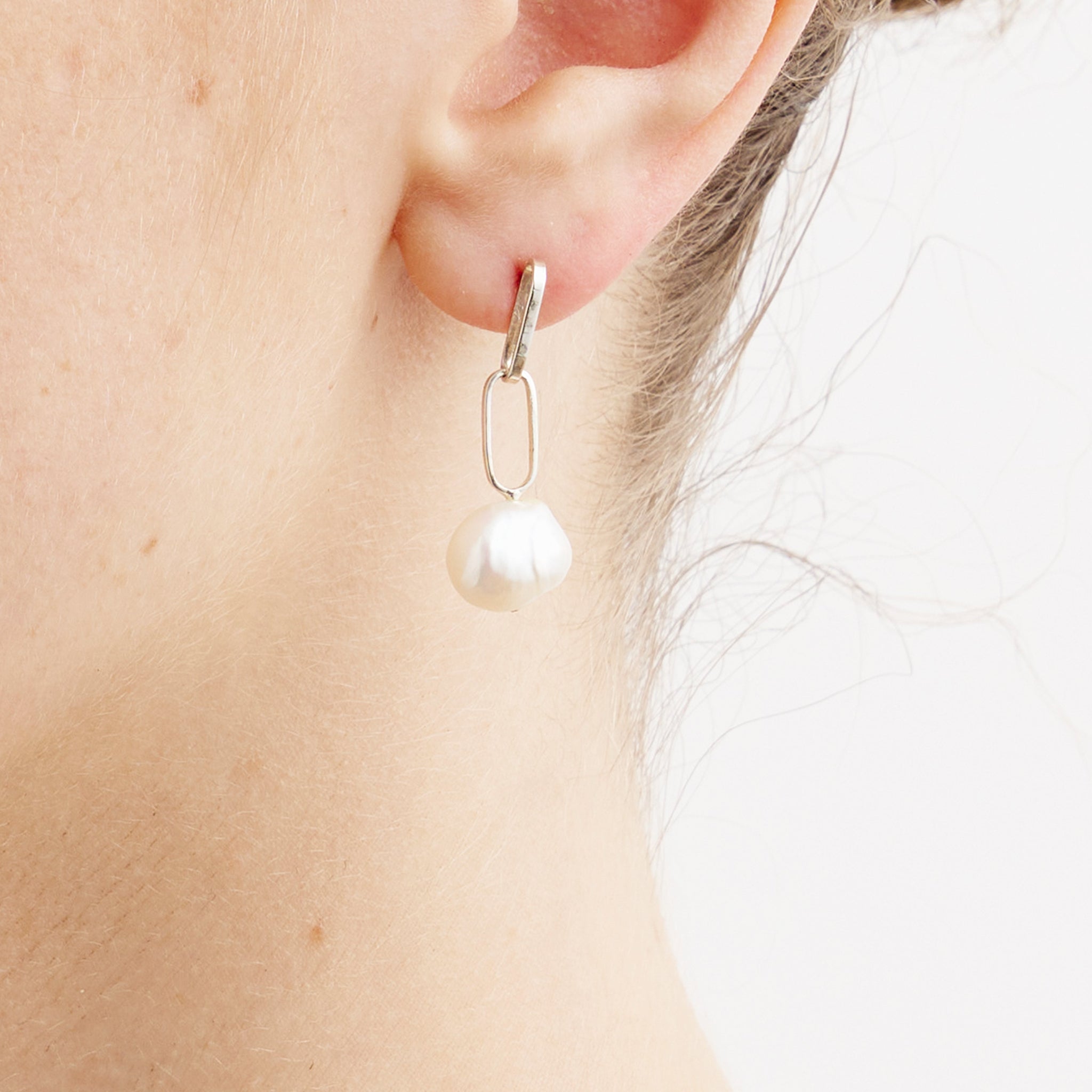 Silver Baroque Pearl Drop Petite Link Earrings