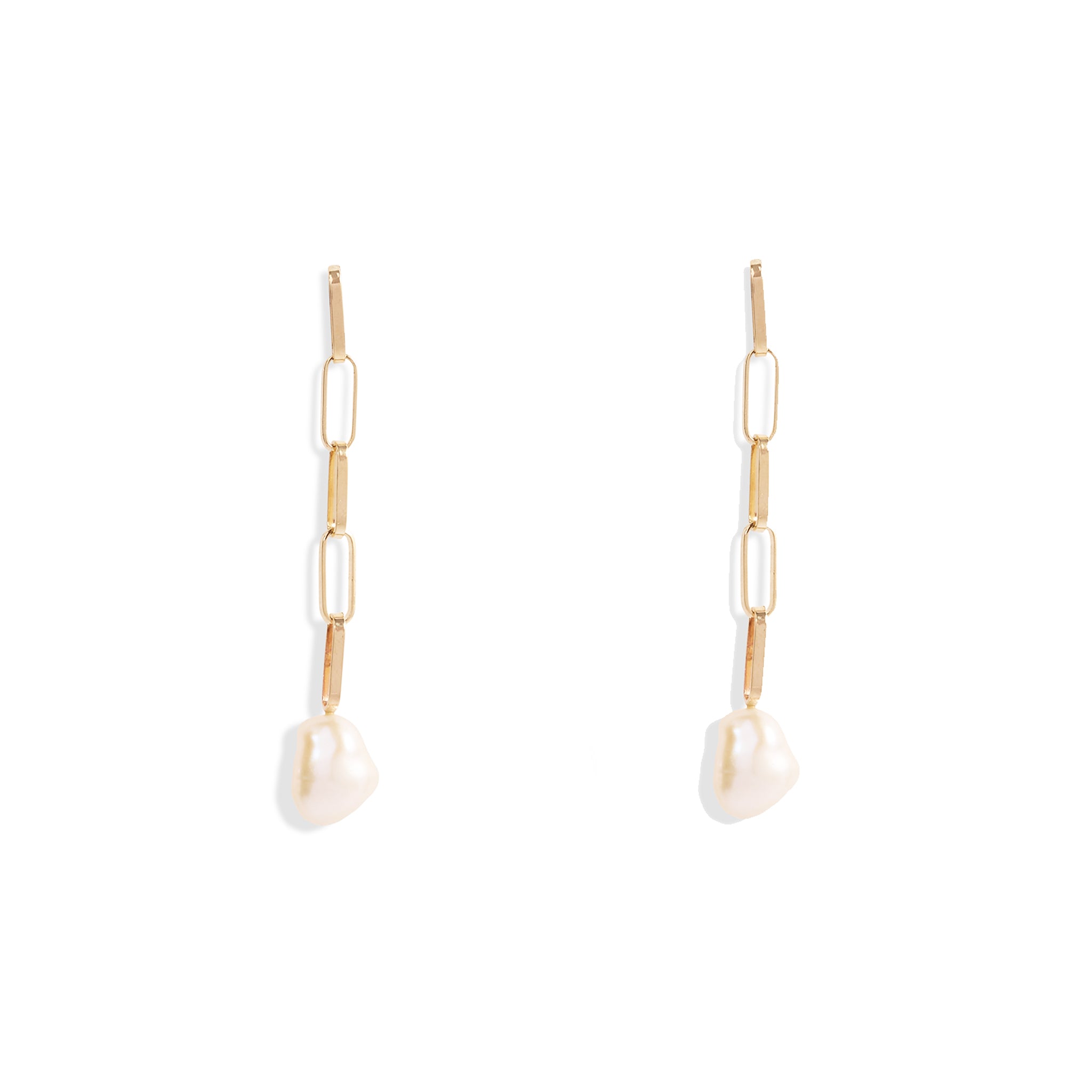 Gold Baroque Pearl Drop Long Link Earrings