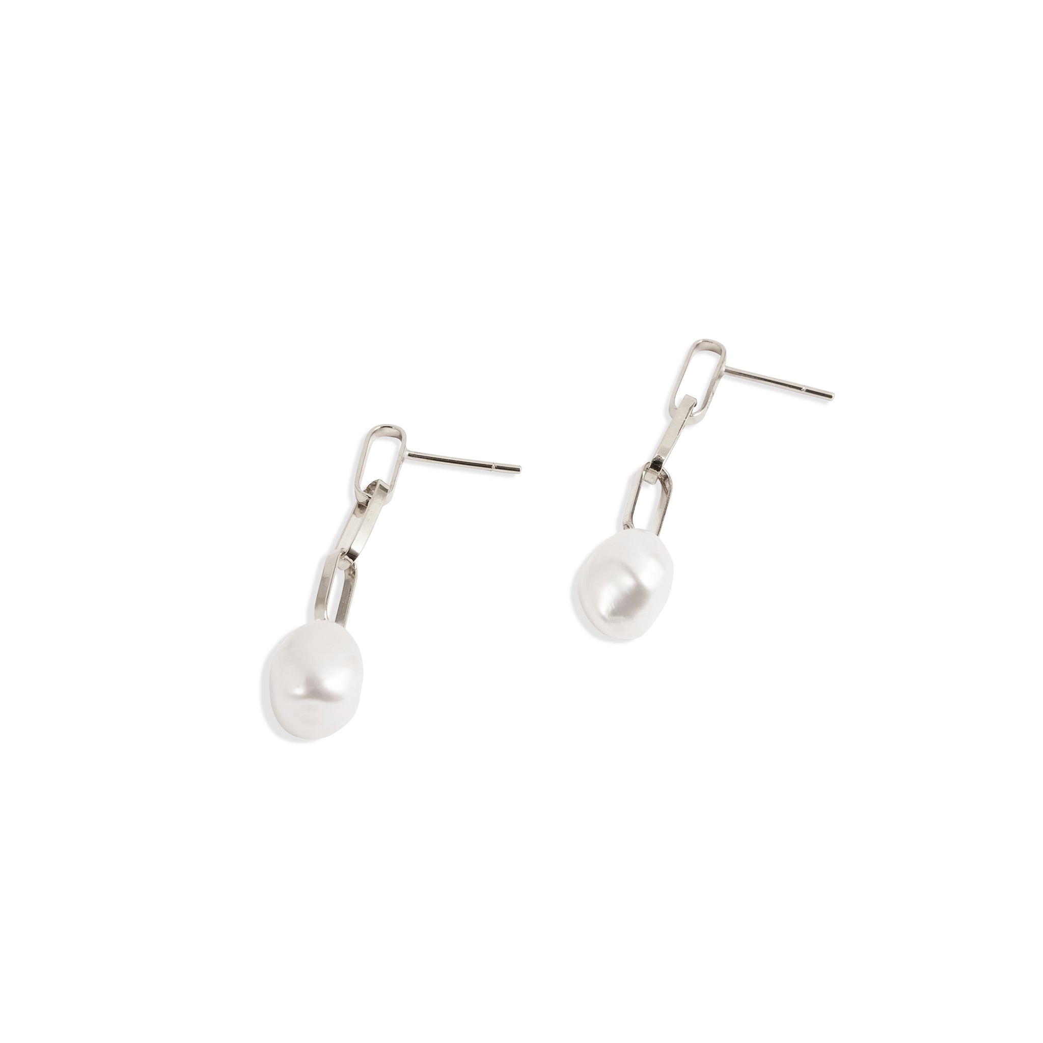 Silver Baroque Pearl Drop Short Link Earrings