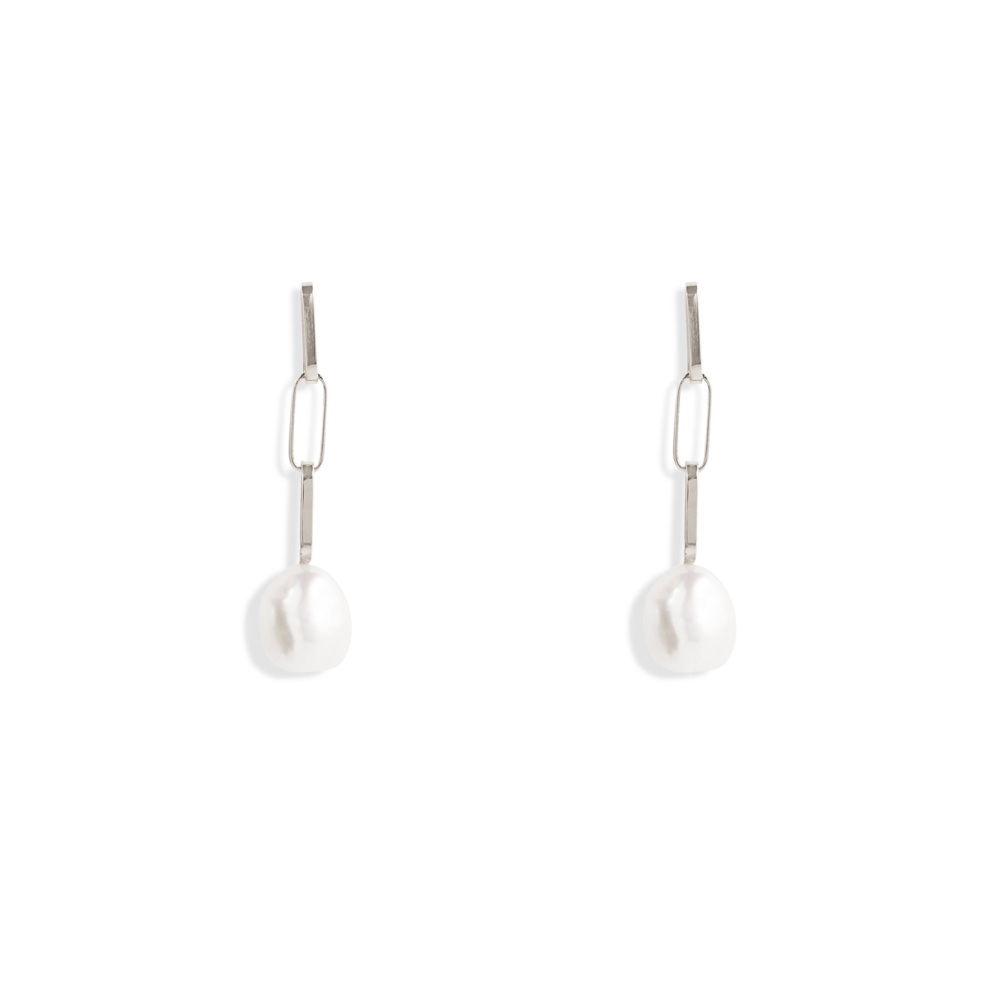 Silver Baroque Pearl Drop Short Link Earrings