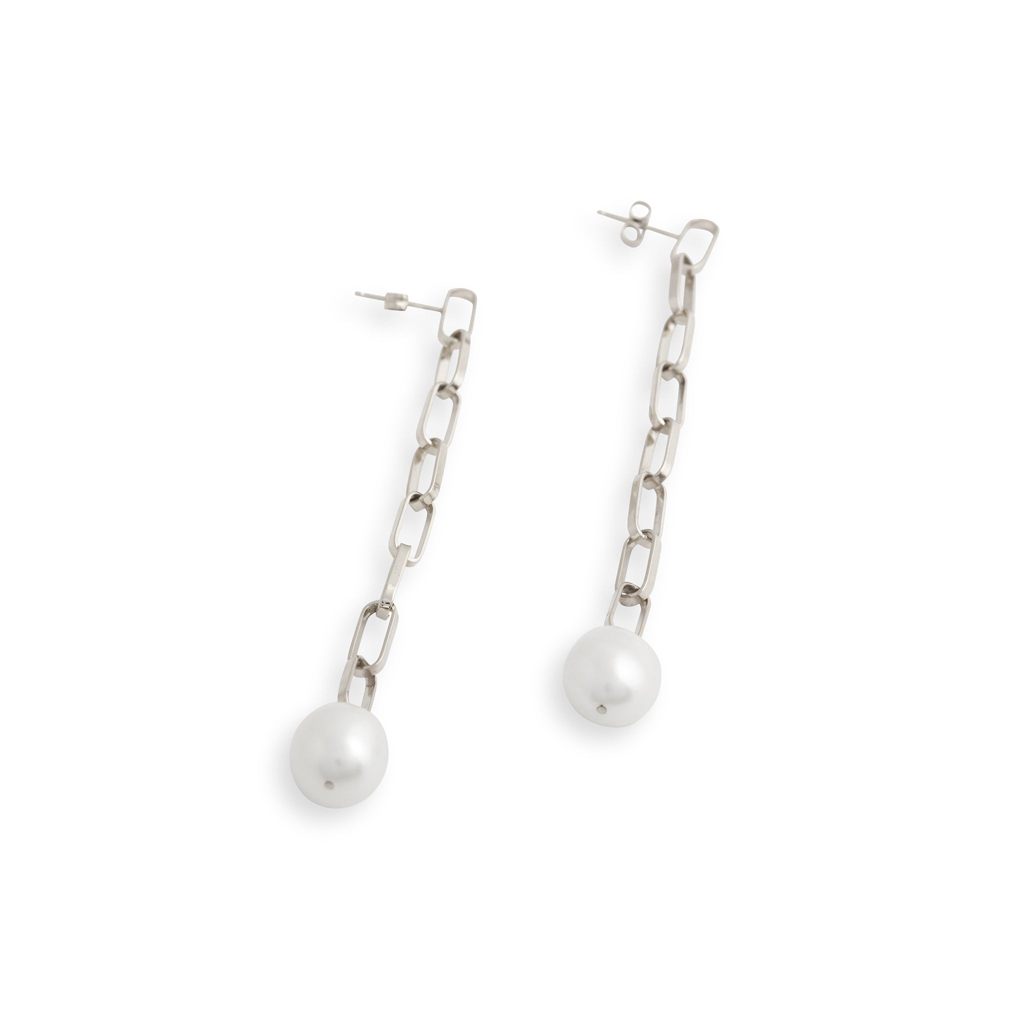 Silver Baroque Pearl Drop Extra Long Link Earrings