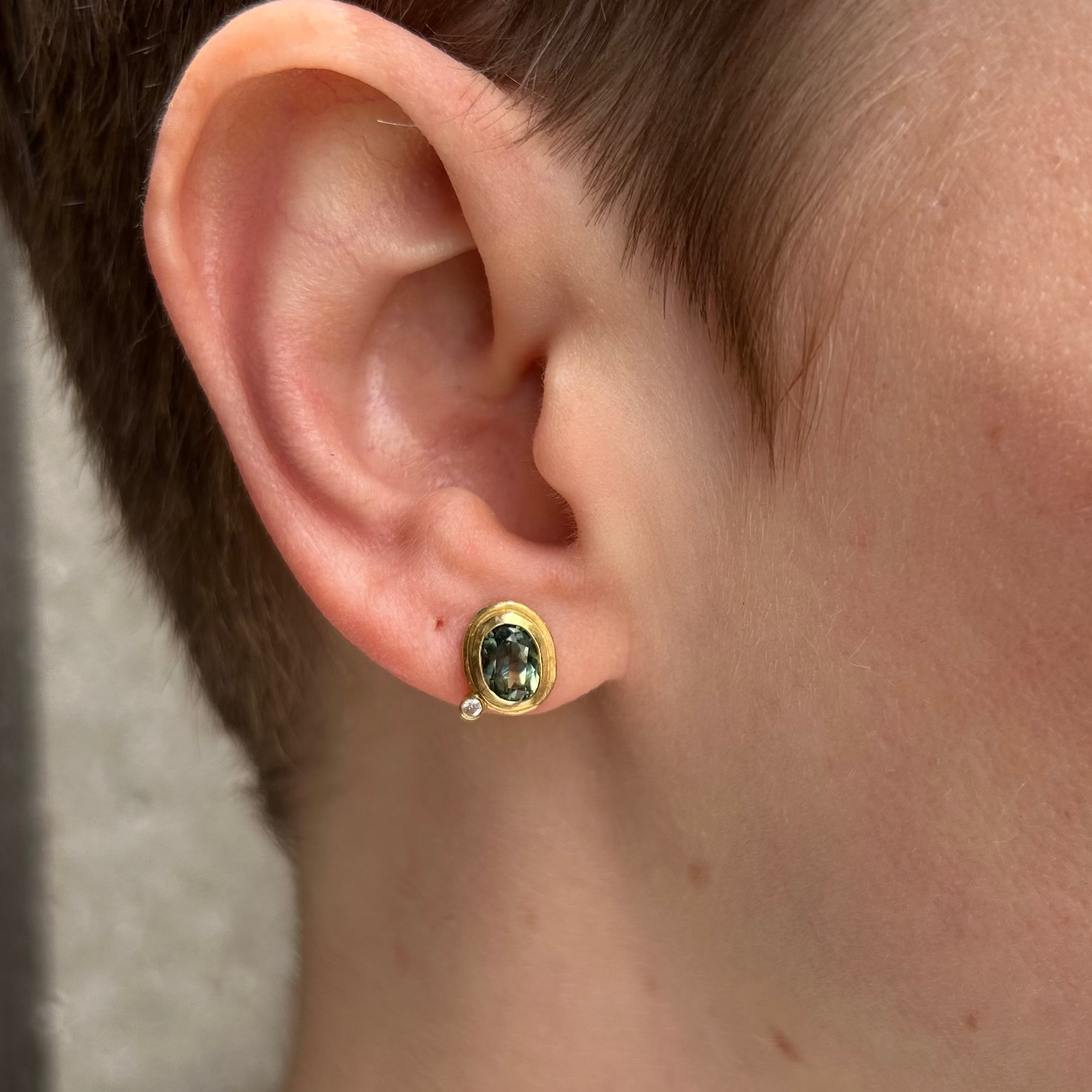 Green Sapphire and Diamond Stud Earrings