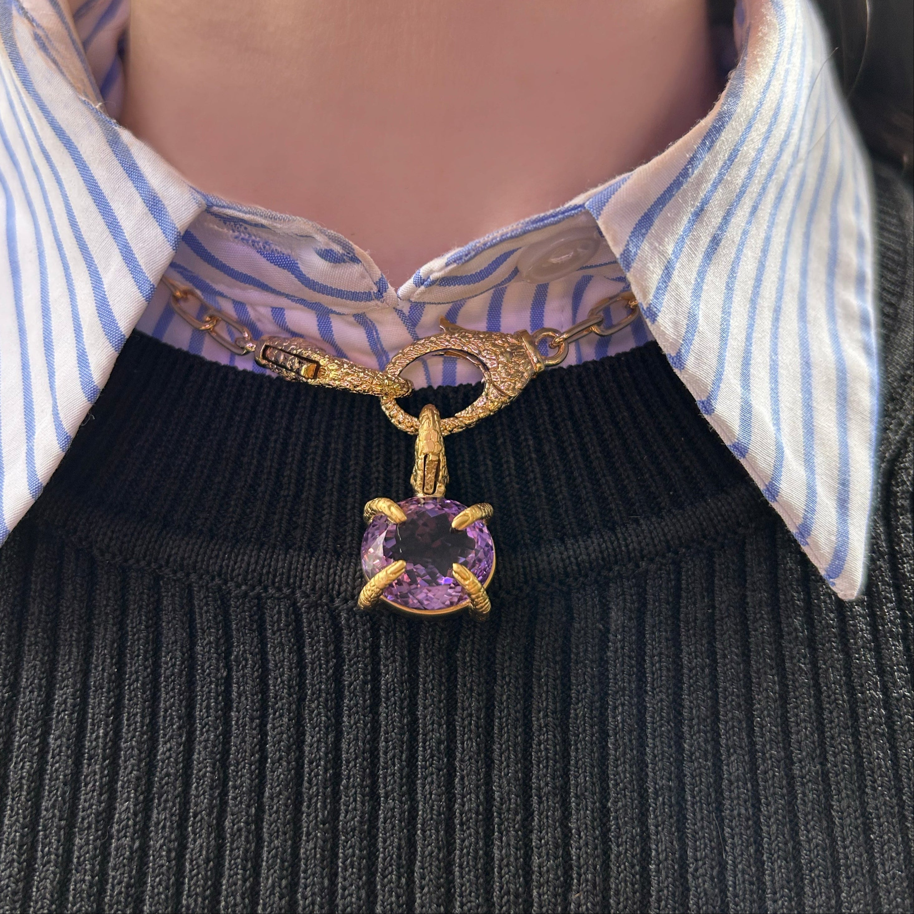 Double Lobster Clasp Chain with Amethyst  and Gibbon Detail Pendant