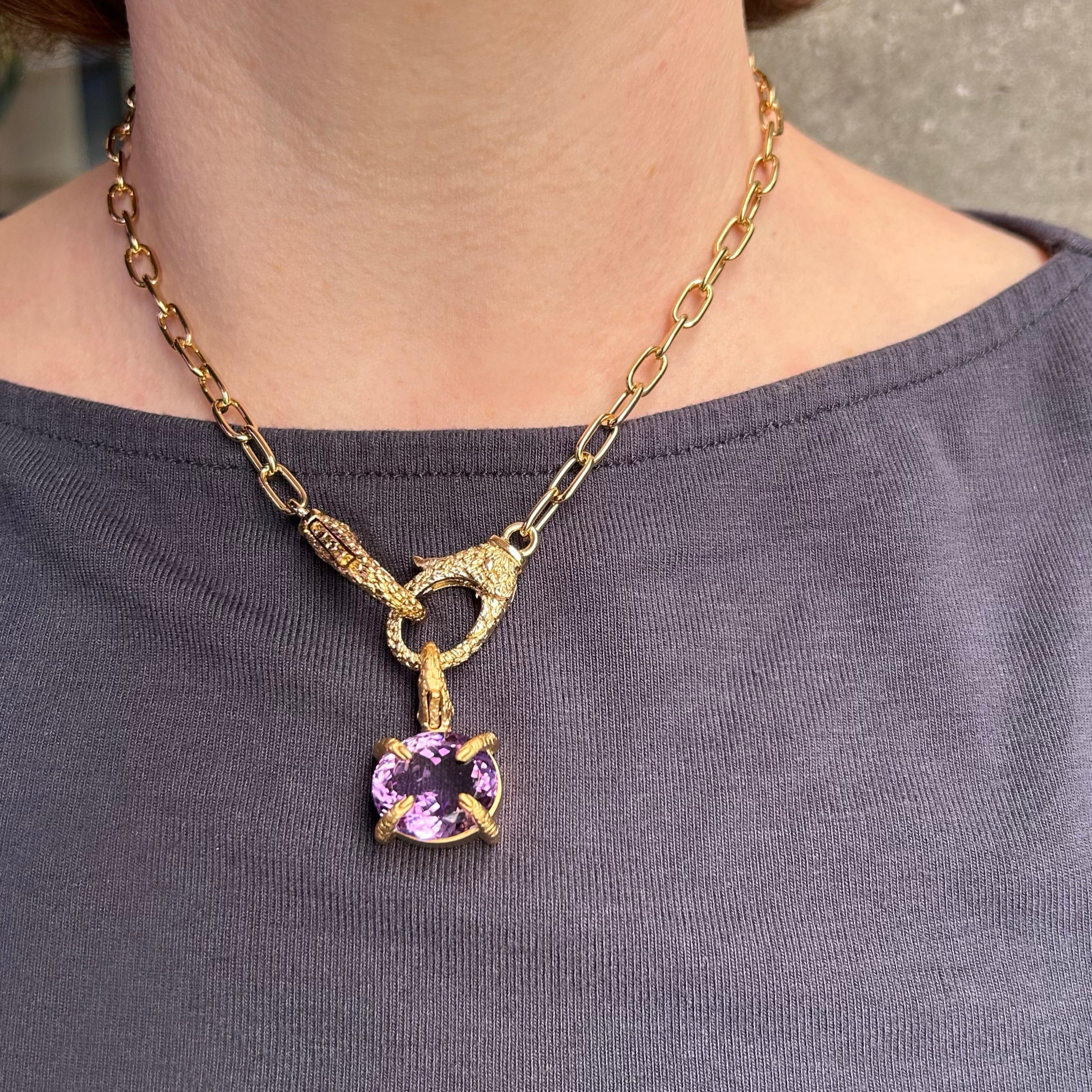 Double Lobster Clasp Chain with Amethyst  and Gibbon Detail Pendant