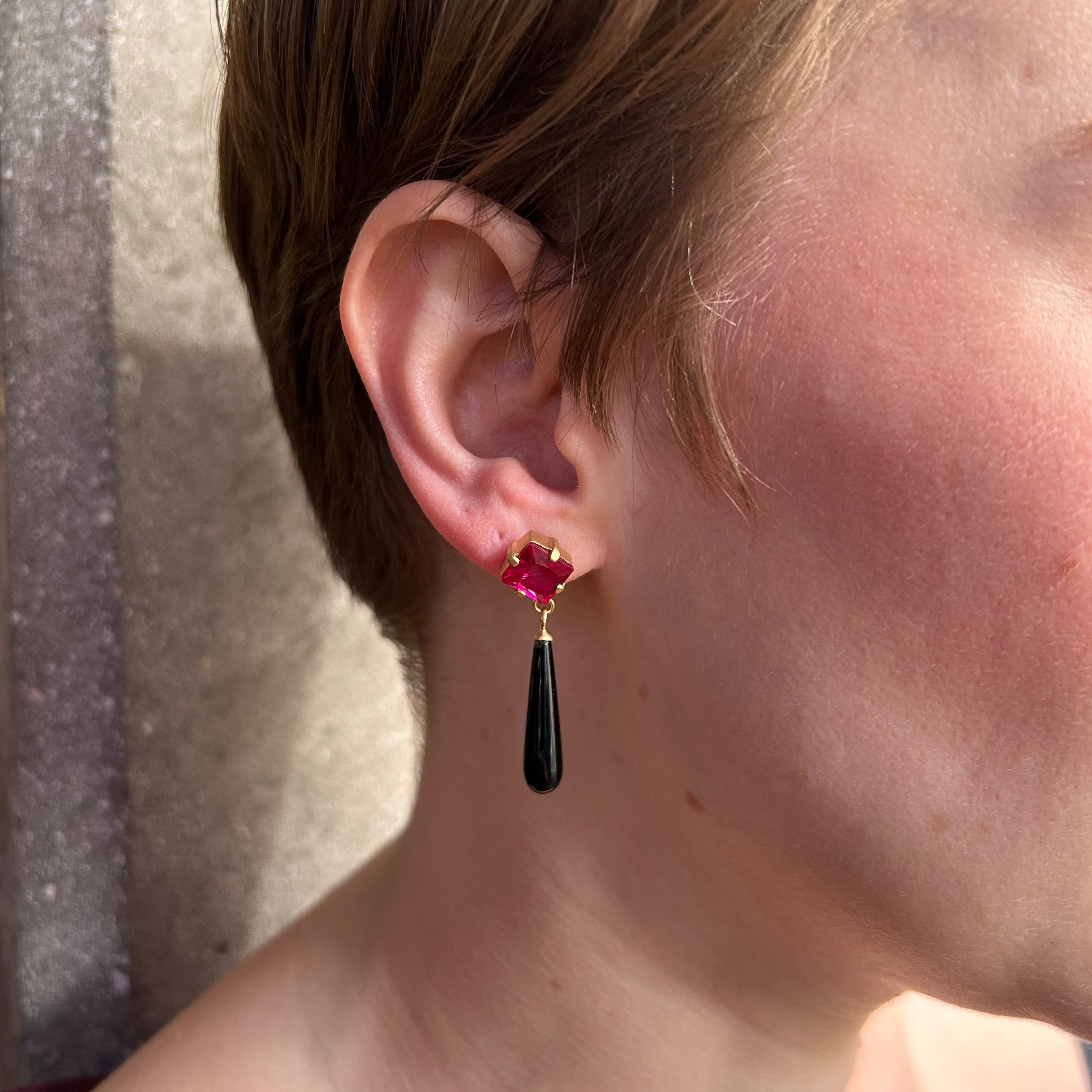 Onyx Skin Link Drop with Synthetic Rubies Earrings