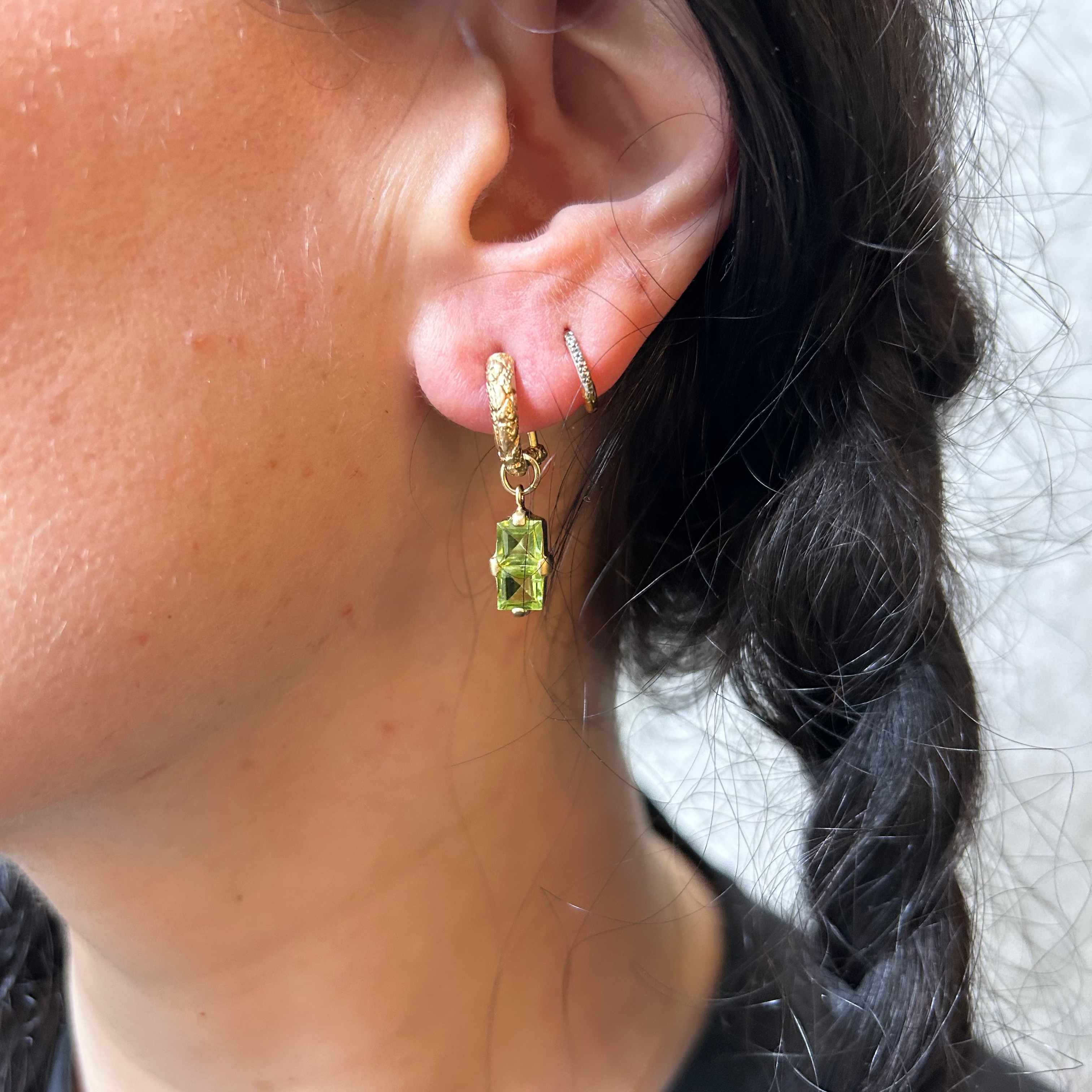 Double Peridot Skin Omega Earrings