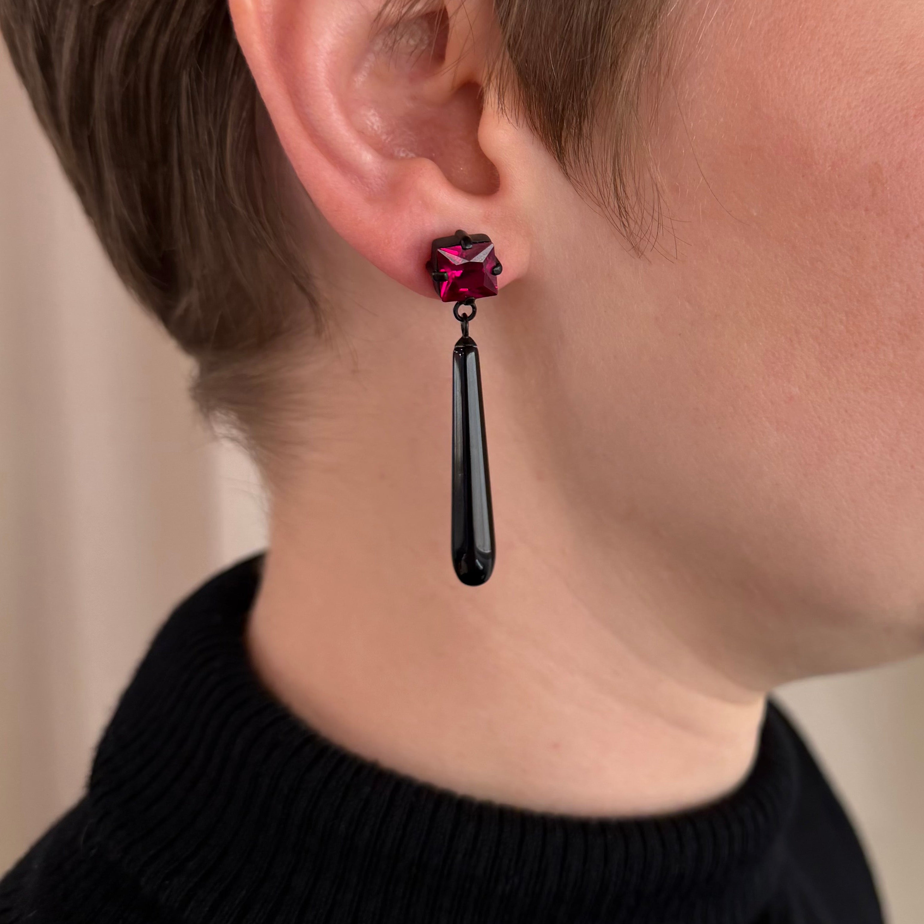 Black Onyx and Red Drop Earrings