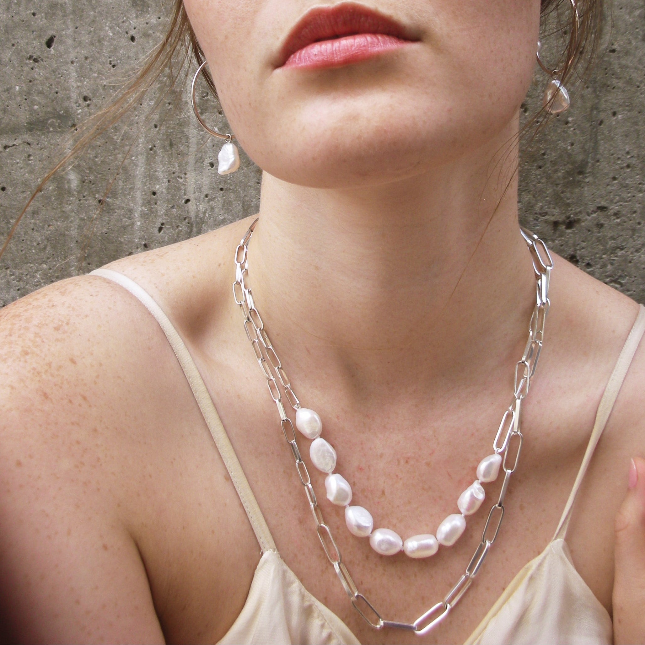 Silver Baroque Pearl Link Necklace