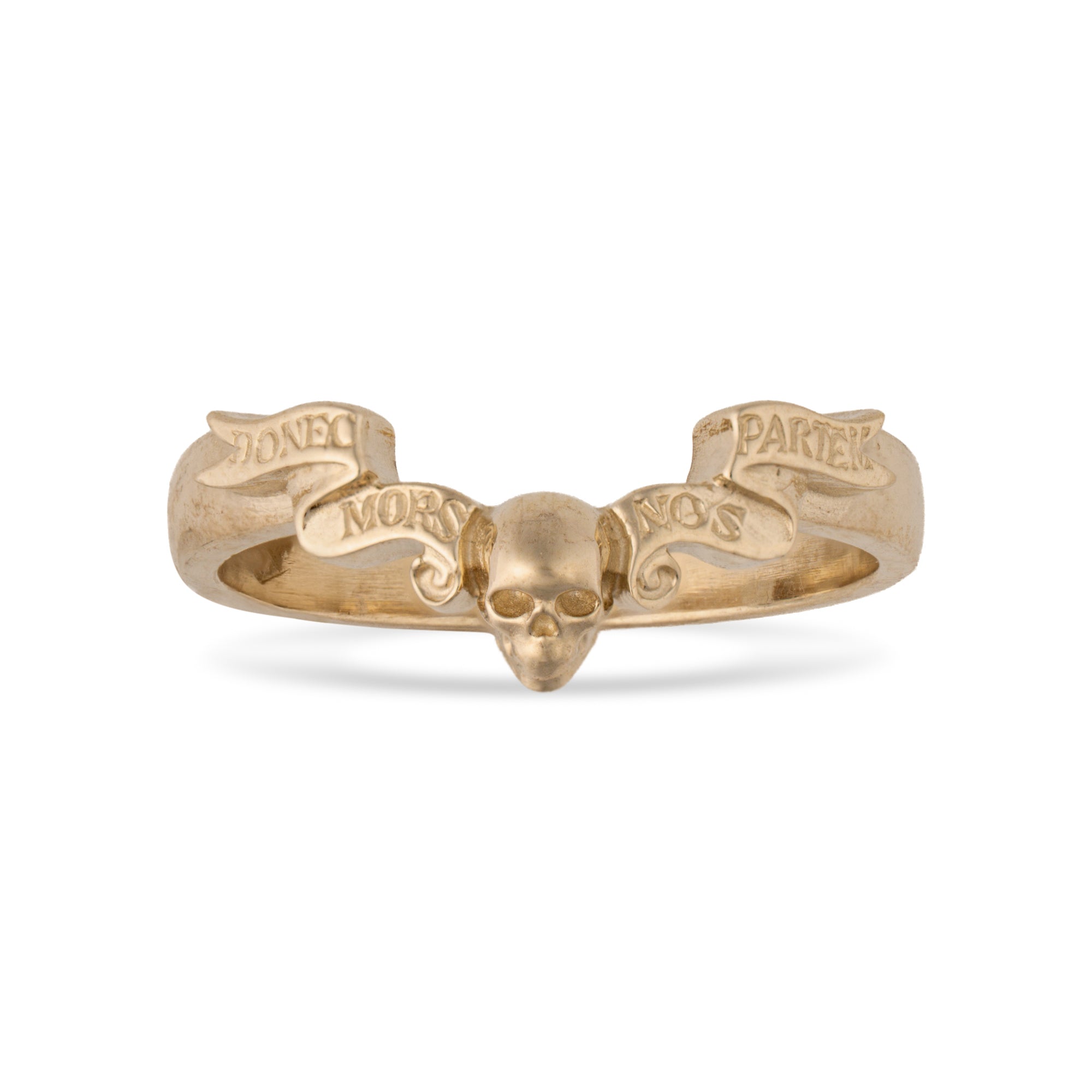 Gold ring with skull design and engraved text on a white background