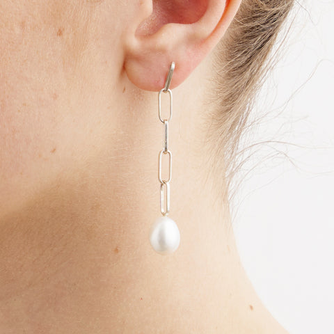 Silver Baroque Pearl Drop Long Link Earrings