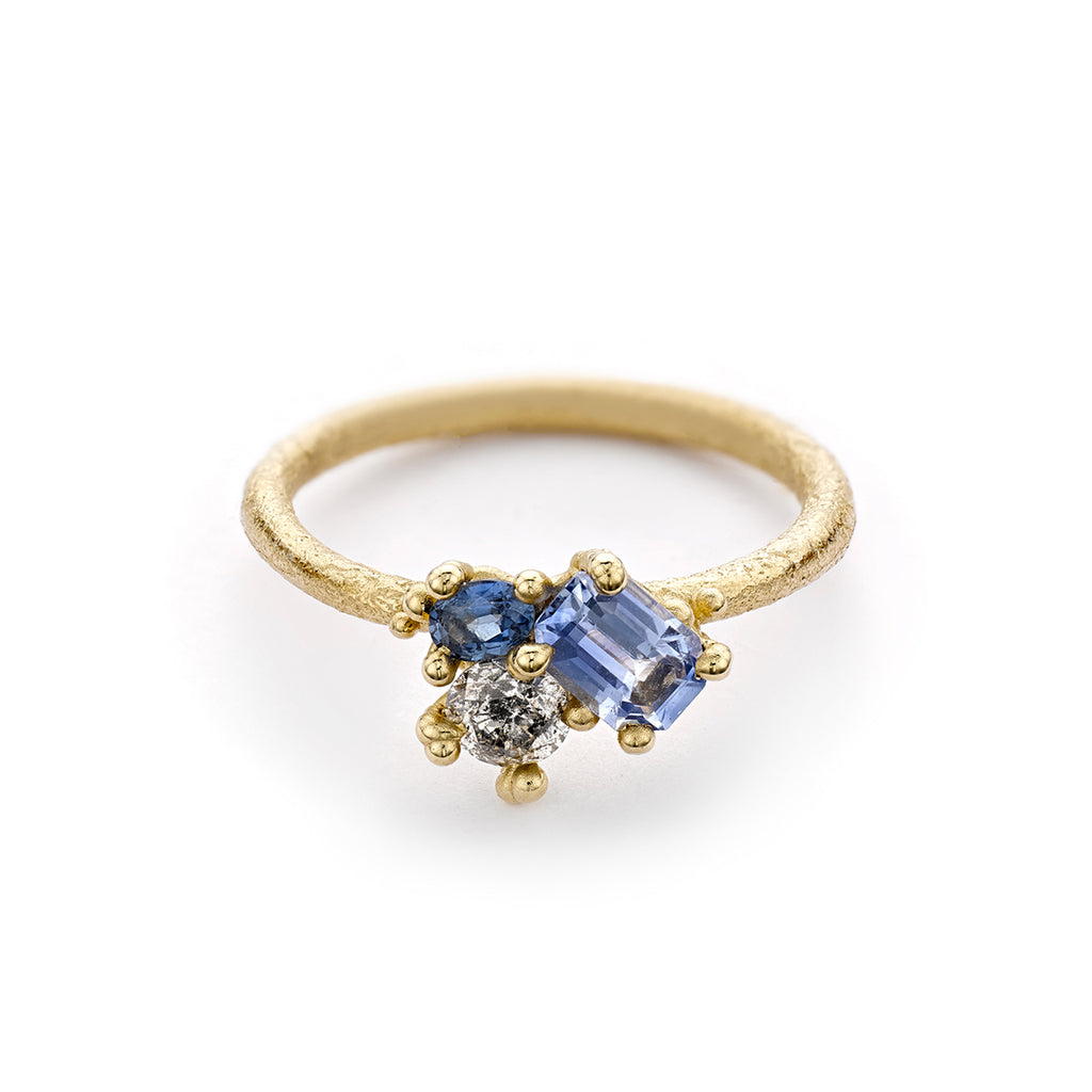 Blue Sapphire and Diamond Aysmmetric Cluster Ring