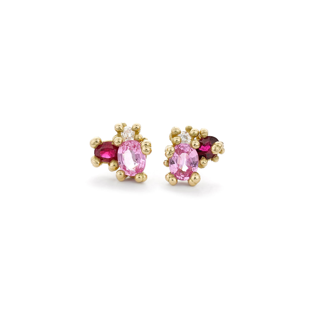 Pink Sapphire and Ruby Cluster Studs