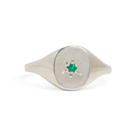 Silver Signet With Emerald Stone Ring