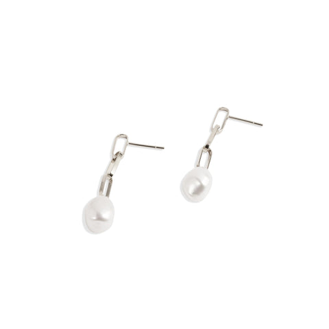 Silver Baroque Pearl Drop Short Link Earrings
