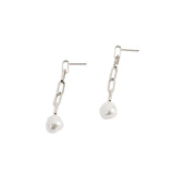 Silver Baroque Pearl Drop Long Link Earrings