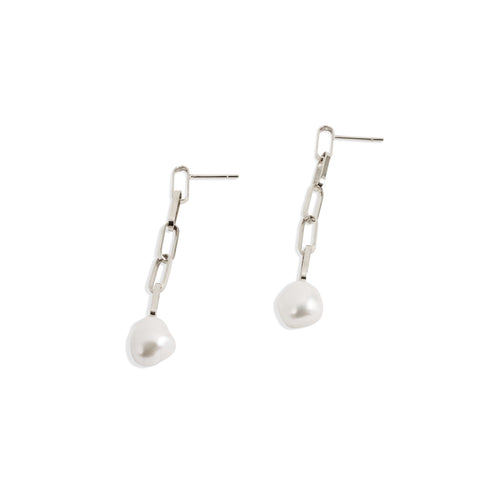 Silver Baroque Pearl Drop Long Link Earrings