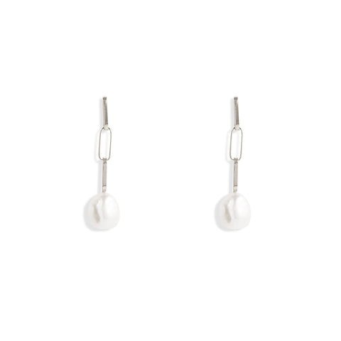 Silver Baroque Pearl Drop Short Link Earrings by Melanie Katsalidis