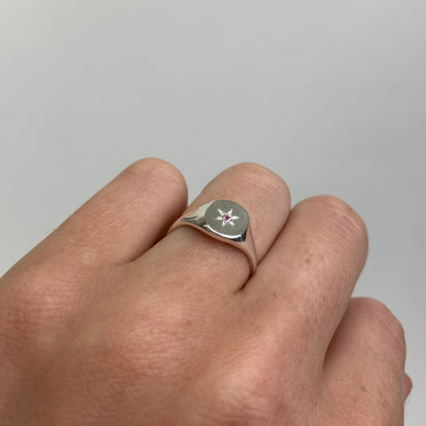 Silver Signet With Pink Stone Ring